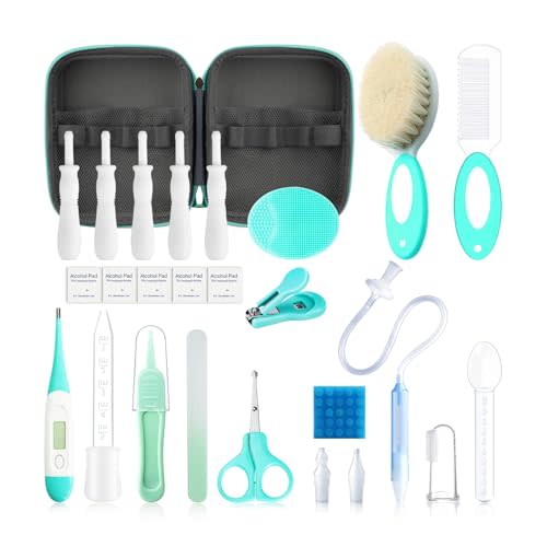 23 in 1 Baby Healthcare and Grooming Kit, Infant Safety Care Set Baby Nursery Kit with Gas Colic Passer Nasal Aspirator Nail Clipper Hair Brush Comb for Newborn Girls Boys (Green))