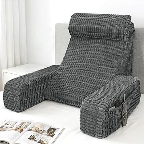21" Reading Pillow for Bed with Built-in Arms & Large Pockets, Supportive Backrest Cushion for Reading, Resting, or Reclining, Washable Cover – Grey