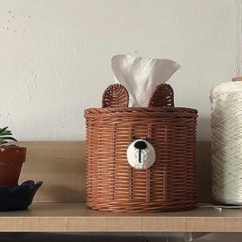 Cute Bear Woven Rattan Square Tissue Box Holder for Kitchen, Bathroom, Car | Decorative Wicker Refillable Facial Paper Napkin Dispenser Holder Kids' Tissue Holders Brown