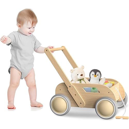 Wooden Baby Walker, Push and Pull Learning Walking Toys for Babies Infants to Toddler, Walker with Wheels for Boys Girls, Gift for Birthday Christmas, Natural