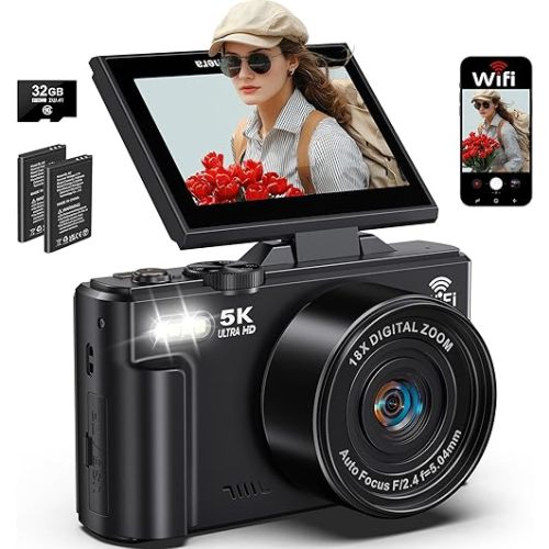 5K Digital Camera for Photography, 75MP WiFi Vlogging Camera for YouTube with 3" 180° Flip Screen, 18X Zoom UHD Autofocus Video Camara with 32GB SD Card, 2 Batteries