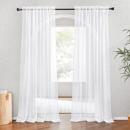 NICETOWN White Sheer Curtains 80 inches Long, Rod Pocket Chic Soft Voile Sheer Light Filtering Doorway Window Curtains & Drapes for Living Room/Porch, 2 Panels, White, W54 x L80