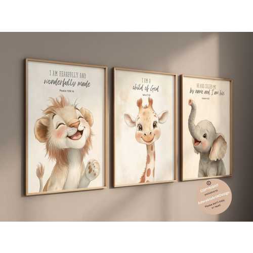 Christian nursery wall art, Bible verse nursery, Animal prints, Scripture nursery, Plush animals, Baby animal prints, Safari nursery decor