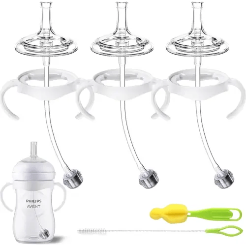 Plastic-Free Straw Cup Conversion Kit for Philips Avent Natural Baby Bottle, Sippy Cup Transition Kit with All Silicone Straw Top Nipples, Metal Weighted Straws, Brush & Handles for Toddler 6+ Month