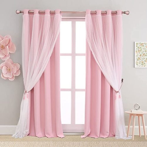 Pink Blackout Curtains with Sheer Overlay, 2 Panels, Thermal Insulated & Soundproof, Lace Trim for Bedroom, Nursery, Living Room - Modern Pink Drapes, Room Darkening Curtains, 52x84 Inches