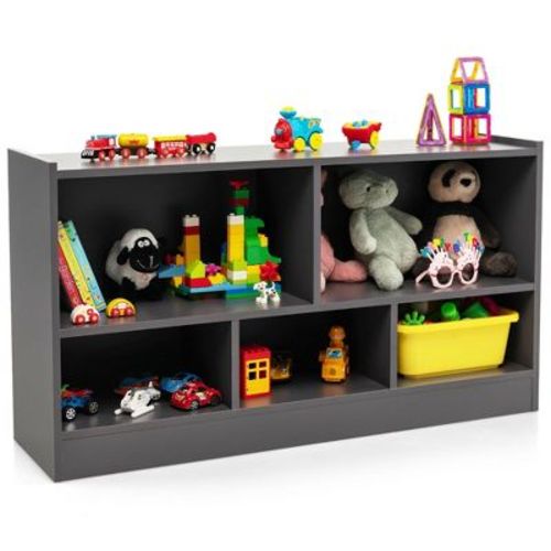 Costway Kids 2-Shelf Bookcase 5-Cube Wood Toy Storage Cabinet Organizer Grey