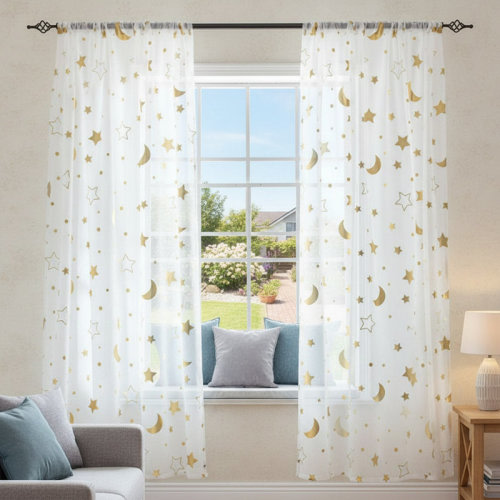 Star Moon Sheer Curtains For Nursery Bedroom - Galaxy Space Theme - Light Filtering Gold Foil Print - Set Of 2 Panels - 39.3X78.7In | Wayfair