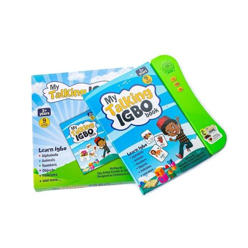 My Talking Igbo Book, Press Play & Listen; A vividly illustrated Igbo Children's learning toy sound book. It has alphabets, numbers, body parts, family, occupations, cultural titbits, folktales, etc.