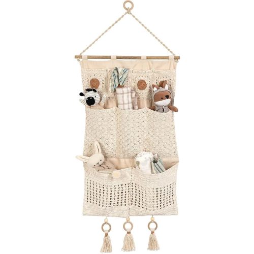 Crane Baby Wall Storage with Pockets, Boho Nursery Accent Decor, Hanging Organizer for Toys, Books, Diapers, Stuffed Animal Storage, Neutral Boho Nursery Décor, Wall Hanging Basket