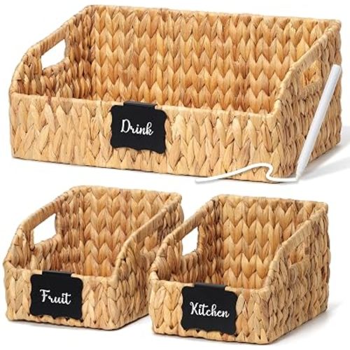Pantry Baskets and Organizers, Large Wicker Baskets for Shelves, Handwoven Labeled Storage Basket for Organizing with Handles-Water Hyacinth Storage Bins, Boho Decorative, 3Pack, Natural