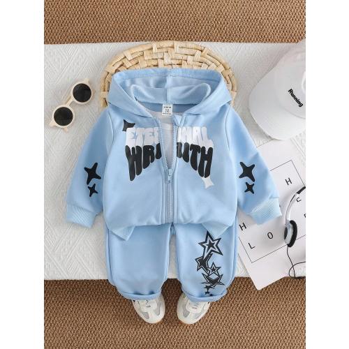SHEIN Playful Pals 2pcs Baby Boys Hooded Zip-Up Jacket + Pants Set, Letter & Star Print, Streetwear Casual Sports Outfit, Suitable For Autumn/Winter Daily Wear