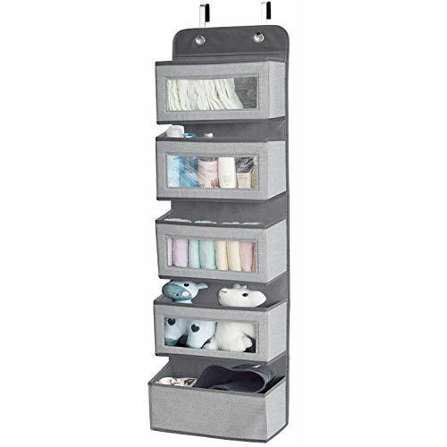 Over The Door Hanging Organizer Storage with 5 Large Pockets,Wall Mount Storage with Clear Windows and 2 Widened Metal Hooks for Pantry,Nursery,Diapers,Bathroom,Kitchen,Closet,Dorm(Grey)
