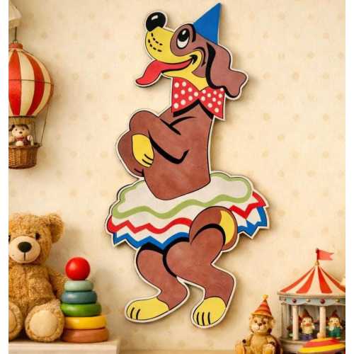 Vintage Circus Dog Wall Plaque | Retro Nursery Wall Art | Clown Dog Die Cut Decor | Mid Century Kids Room Carnival Decor