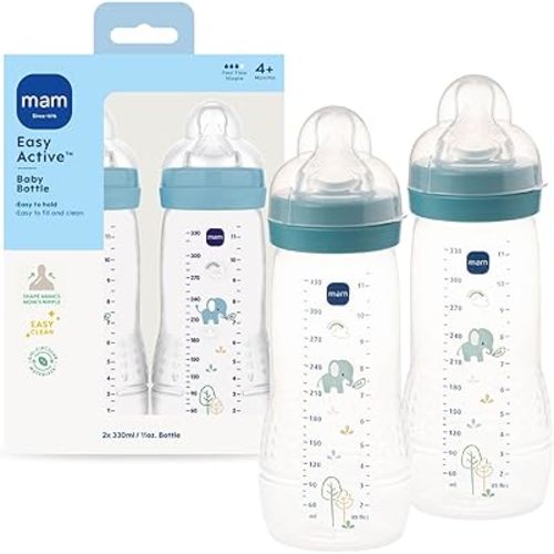 MAM Easy Active Baby Bottle 2 Pack, 11oz, BPA Free, Fast Flow Silicone Nipple, Anti-Slip Grip, Leak-Proof, 4+ Months, Blue Teal