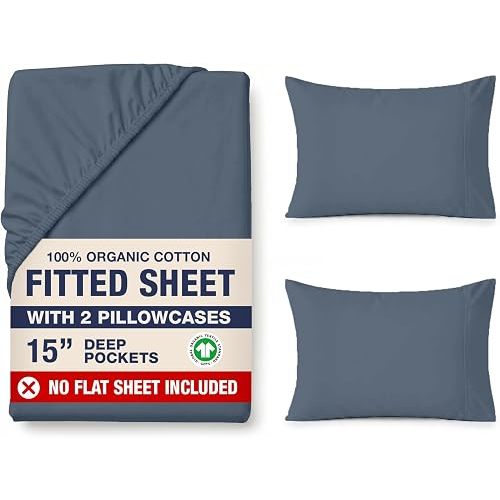 Lane Linen Fitted Sheet Full Organic Cotton & 2 Pillowcases - Estate Blue