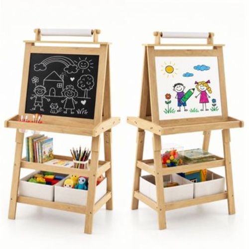 Costway Kids Art Easel Double Sided Chalkboard Magnetic Whiteboard with Storage Tray Pink Natural
