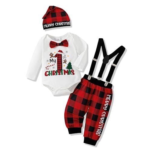 AMAWMW My First Christmas Baby Boy Outfit Infant 1st Christmas Romper Red Plaid Suspender Pants Hat Newborn Clothes Sets