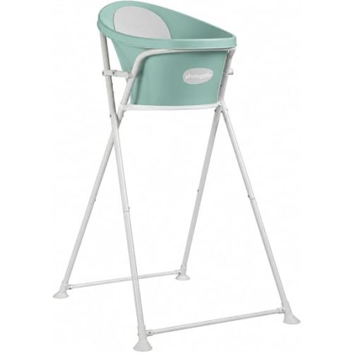 Shnuggle Baby Bath with Folding Bath Stand Bundle, Newborn Infant Bathtub with Bum Bump Support, Soft Foam Backrest and Drain Plug, Elevated 2-Piece Set, Eucalyptus