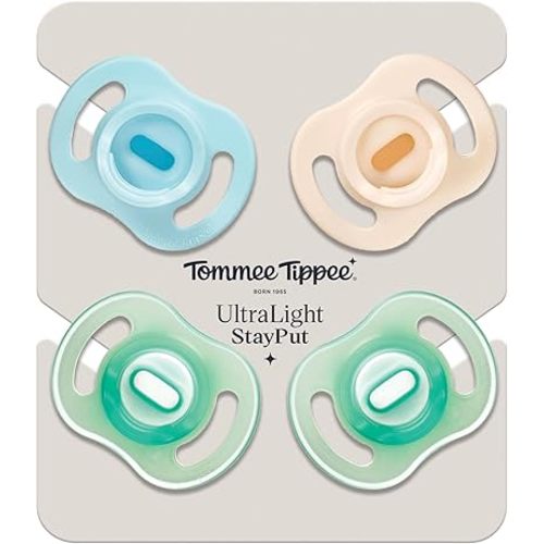Tommee Tippee Ultra-Light StayPut Day and Night Soothers, 0-6m, 4 Pack, One-Piece Silicone Design, Soft Skin Feel