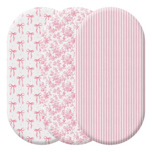 Peryiter Baby Muslin Bassinet Sheets 3 Pack, Featuring Pink Stripes, Flowers, and Bows, Standard Size 33x17, Breathable, Elastic, Cozy Fitted 100% Cotton Baby Cradle Mattress Sheet for Boys Girls