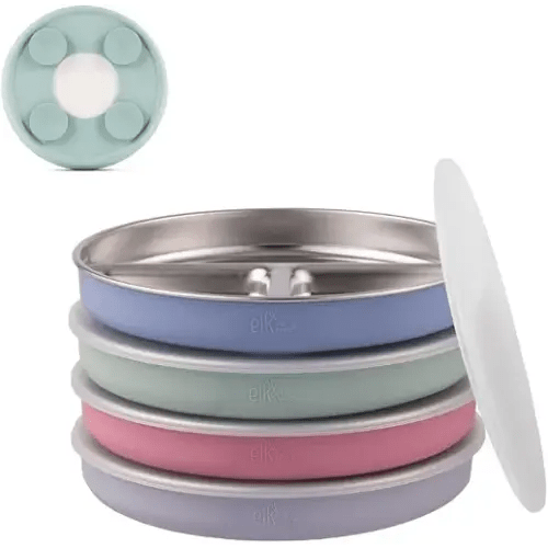 Elk and Friends Kids/Toddler 7.8" Stainless Steel Divided Plate + Lid | 4pk | Suitable for Babies | Silicone Suction Sleeves | Lids Included | Dishwasher Safe | Baby Weaning Supplies