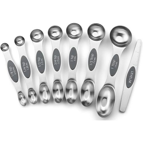 Spring Chef Stainless Steel Magnetic Measuring Spoons Set of 8 with Leveler, Dual Sided Metal Teaspoon & Tablespoon Measuring Spoons - Kitchen Gadgets For Baking and Cooking, Gray