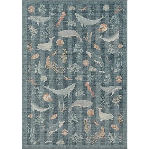 Whales Themed Soft Washable Faux Wool Stain Resistant Rug Rubber Non-Slip Backing for Playroom Bathroom Living Room Bedroom Bedside Beachy Cute Coastal Nautical Nursery Rug (Marine, 5' x 7')