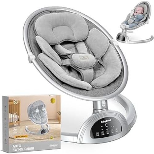 BabyBond Baby Swings for Infants, Bluetooth Infant Swing with Music Speaker, 3 Seat Positions, 5 Point Harness Belt, 5 Speeds and Remote Control - Portable Baby Swing for Indoor and Outdoor (Silver)