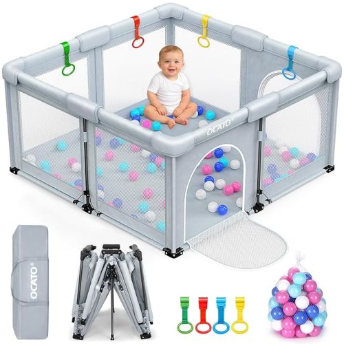 OCATO Baby Playpen: Foldable Playpen for Babies and Toddlers Large Play Pen Portable Playpen Fence Indoor Outdoor Kids Safety Area Travel Play Yard with 1 Storage Bag 4 Handlers 50 Balls (50" × 50")