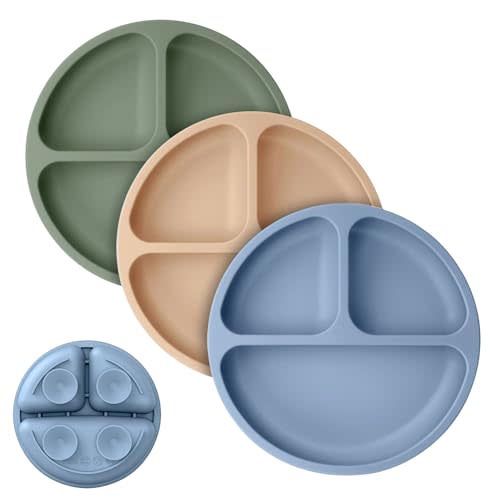 Cutebe 3 Pack Suction Plates for Baby Food Grade Silicone Baby Plates with Suction Microwave & Dishwasher Safe Toddler Plates Divided Design & Raised Edges Toddler Dishes for Feeding
