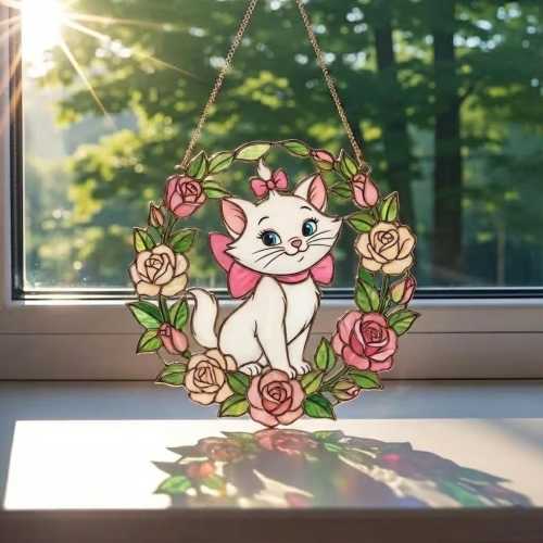 Marie Acrylic Suncatcher Window Hanging, Disney Aristocats Marie Window Decor, Cute Cat Rose Sun Catcher Gift