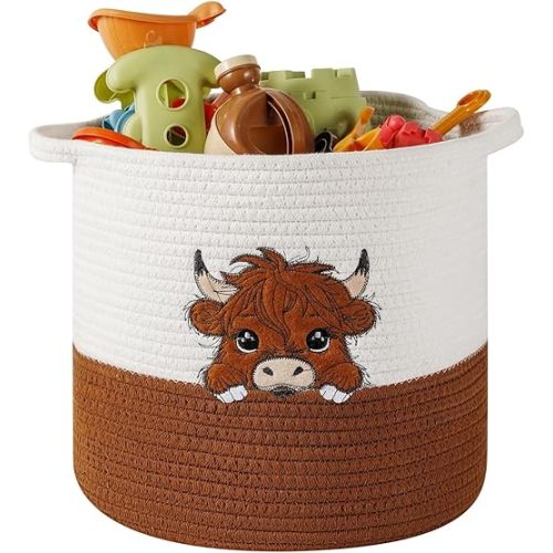 Highland Cow Cute Basket for Nursery, Woven Cotton Rope Storage Basket for Kids, Baby Blanket Organizer with Handles, Storage Basket for Blanket Towel Toys Clothes, Highland Cow Decor, Medium