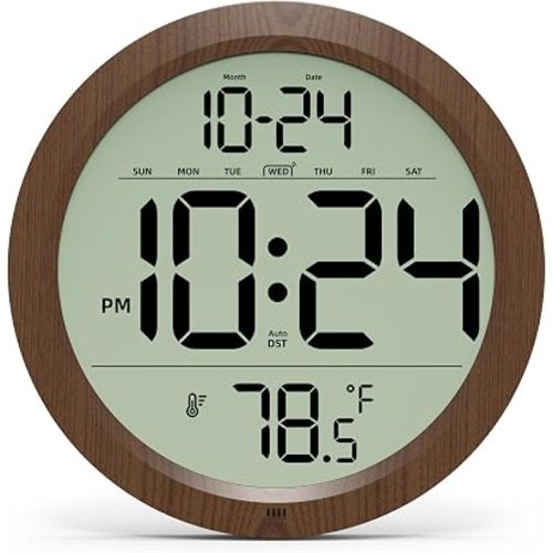 Digital Wall Clock Battery-Operated, 8 Inch Small Decorative Modern Wood Wall Clock with Date, Temperature, Auto-DST, Silent Electric Wall Clock for Bedroom, Living Room, Kitchen, Office, Farmhouse