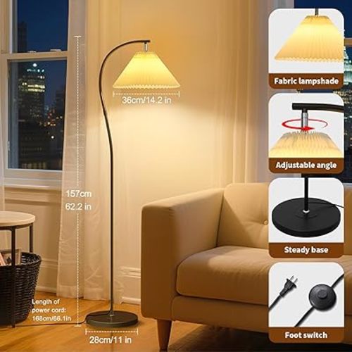 Modern Black Arc LED Floor Lamps, Bright 12W Three-Color Dimming Bulb, Wavy Pleated Lamp shade,Curved Standing Reading lamps for Living Room Bedroom Office Farmhouse, Cute Rustic Vintage Tall Lights