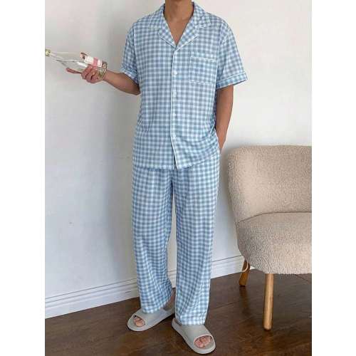 DAZY Short Sleeve Shirt And Long Pants Blue And White Plaid Men's Loungewear Set Summer Pajamas | SHEIN USA