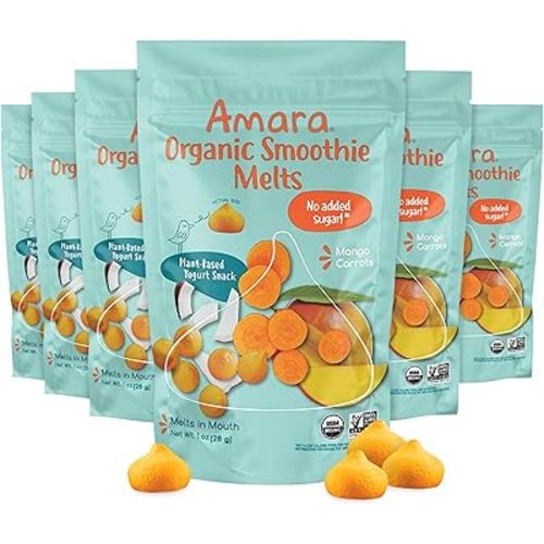Amara Smoothie Melts - Mango Carrot - Baby Snacks Made With Fruits and Vegetables - Healthy Toddler Snacks For Your Kids Lunch Box - Organic Plant Based Yogurt Melts - 6 Resealable Bags