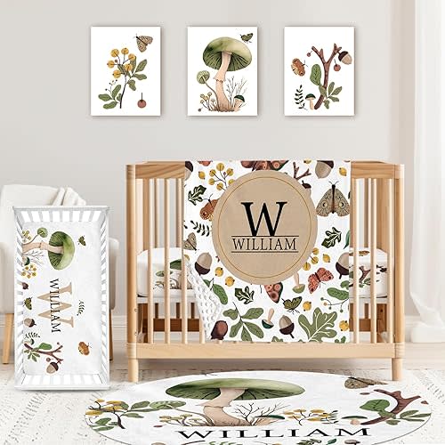 Custom Baby Crib Bedding Set,Personalized Name Mushroom Pattern Nursery Bed Set 4 Piece,Baby Blanket Fitted Sheet Nursery Rug Wall Art Set,Custom Room Decor Idea Gift for Newborns Boys Girls