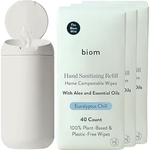 Mini Dispenser + Hand Sanitizing Wipes Starter Kit - Non-Toxic Eucalyptus Scented Kid-Safe Wipes | All Natural Plant-Based Hand Sanitizing Wipe with Aloe for Soft Skin (Bone)