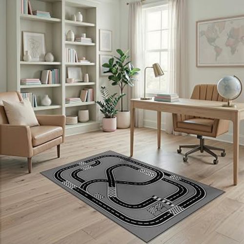 4'x6' Gray Black White Race Track with Checkered Washable Area Rug