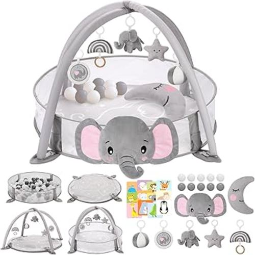 7-in-1 XL Large Baby Play Gym Mat, Tummy Time Mat with Support Pillow, Baby Activity Mat & Ball Pit (10 Balls), 5 Detachable Toys & Milestone Cards, Elephant