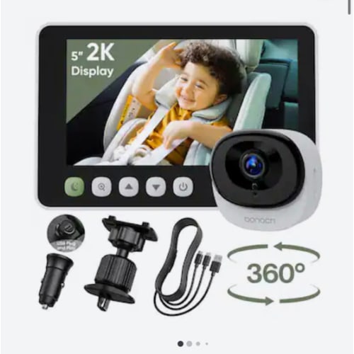 bonoch - 5" 2K Baby Car Camera with 360° Rotating Wide-View Camera, Auto Night Vision, Plug-and-Play Car Baby Monitor - White