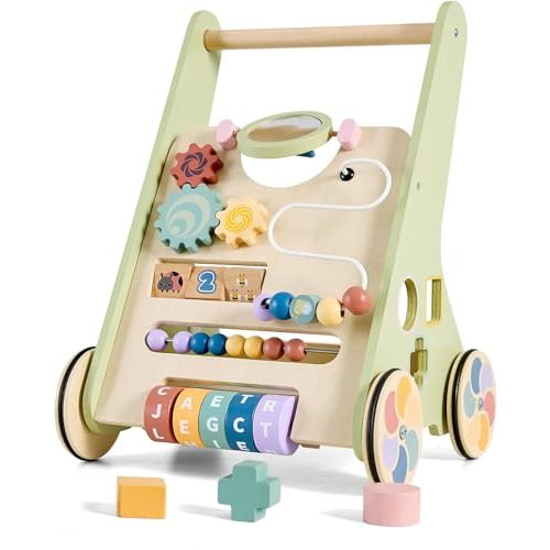 Wooden Baby Walker with Activity Center, Baby Push Walker for 1 Year Old Boys & Girls, Montessori Learning Walking Toy with Wheels, Toddler Push Toy with Storage Box 12 Months+