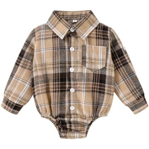HAPPYMA Newborn Baby Boy Girls Plaid Outfit Flannel Romper Tops Infant Long Sleeve Button Down Plaid Casual Bodysuit Clothes