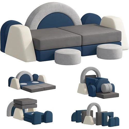 HedoAjim 12PCS Modular Toddler Play Couch Convertible Grey+Beige+Blue