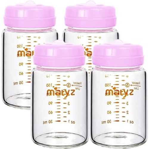 Matyz 4-Pack Breast Milk Collection Bottles (Pink, 6 Oz Each) - No BPA Glass Milk Storage Bottles with Lids - Suitable for Philips Avent & Medela Spectra Pumps