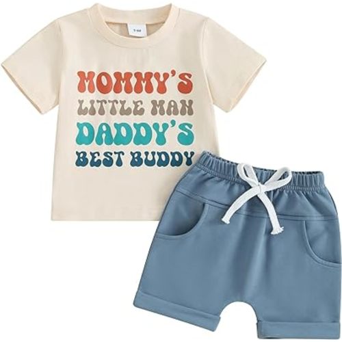 Kupretty Toddler Baby Boy Summer Clothes Letter Graphic Short Sleeve Shirt T-Shirt Tops + Casual Shorts Outfit Set