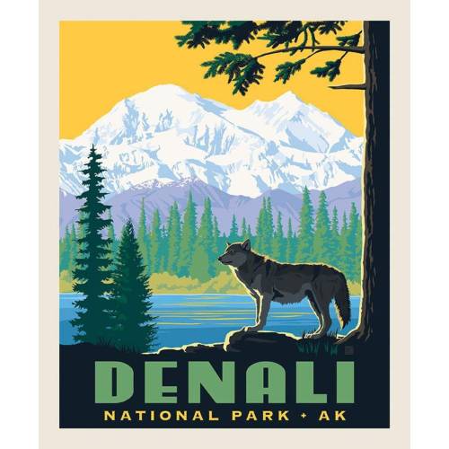 National Parks Poster Panel Denali - Riley Blake - Outdoors Recreation Alaska Mountain Wolf DIGITALLY PRINTED - Quilting Cotton Fabric