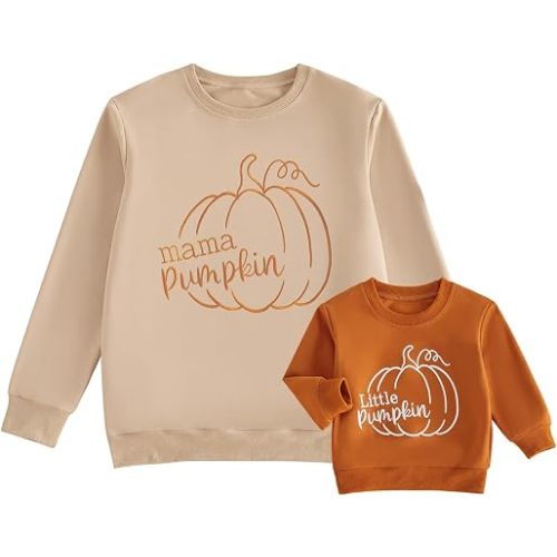 Mommy and Me Matching Pumpkin Embroidered Sweatshirt Fall Outfit