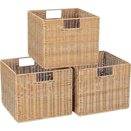 12X12X10in Plastic Wicker Storage Basket, Collapsible Wicker Cube Storage for Shelves, Woven Plastic Storage Basket for Pantry, Bedroom, Living Room, Bathroom, Shelves-3 Pack