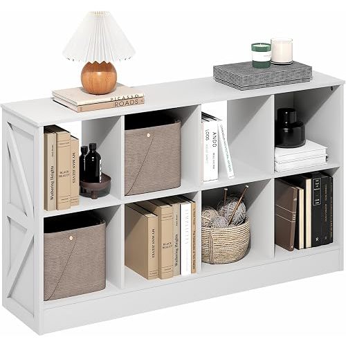 Furinno Jensen Book Shelf, 8-Cube Farmhouse Bookshelf, Display Bookcase, 11.8 x 47.6 x 26.8, for Living Room, Bedroom, Home Office, White